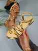 New Plus Size Women Comfortable Casual Round Toe Metal Criss-Cross Strap Flat Sandals, Elastic Back Strap Open Toe Roman Shoes, Summer Beach Fashion Casual Shoes